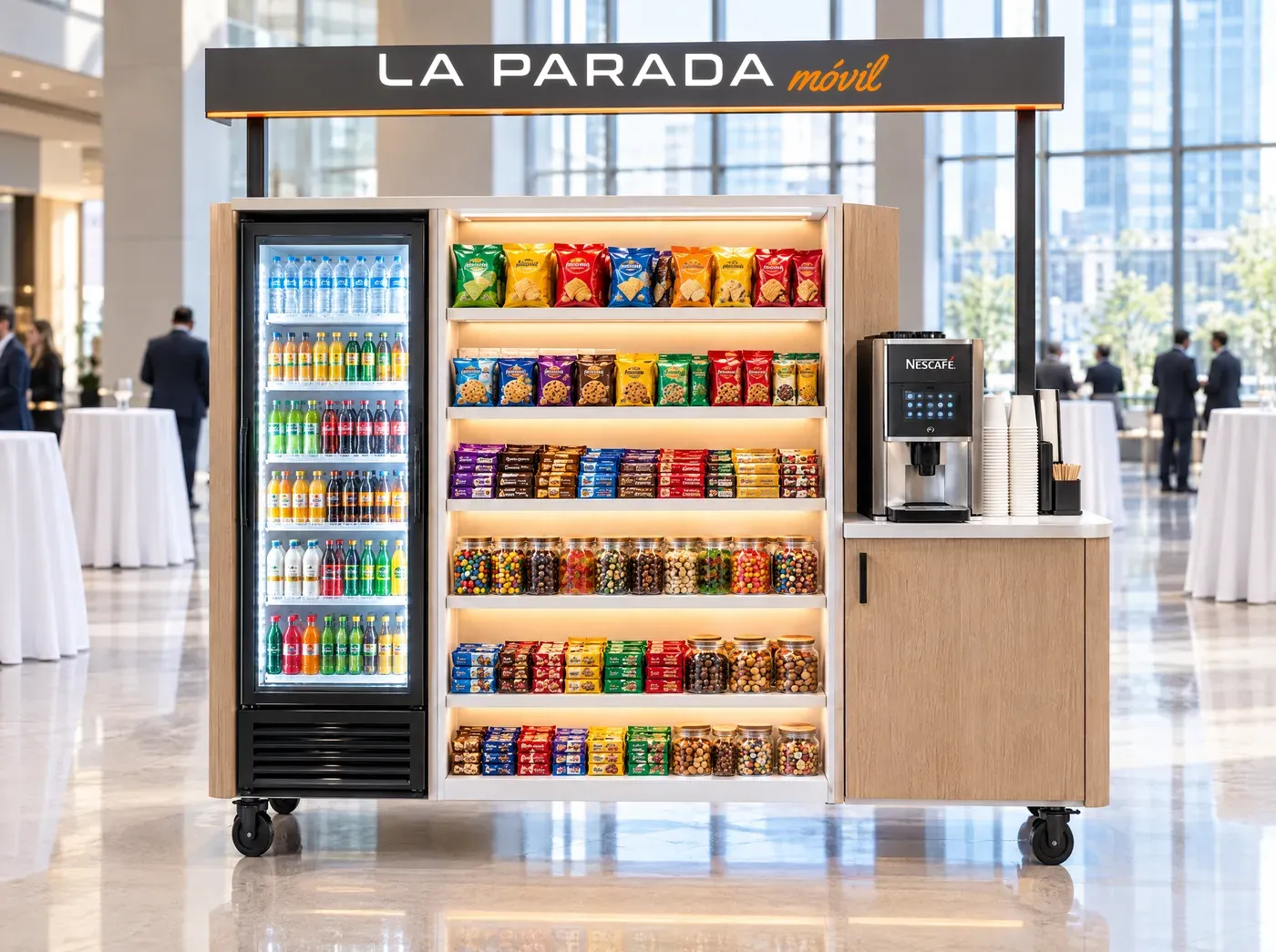 Carrito de La Parada Móvil con nevera, snacks y café en el lobby de un evento