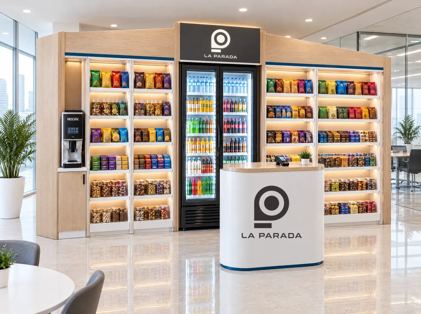 Módulo de La Parada dentro de una oficina, con anaqueles de snacks, nevera y máquina de café Nescafé